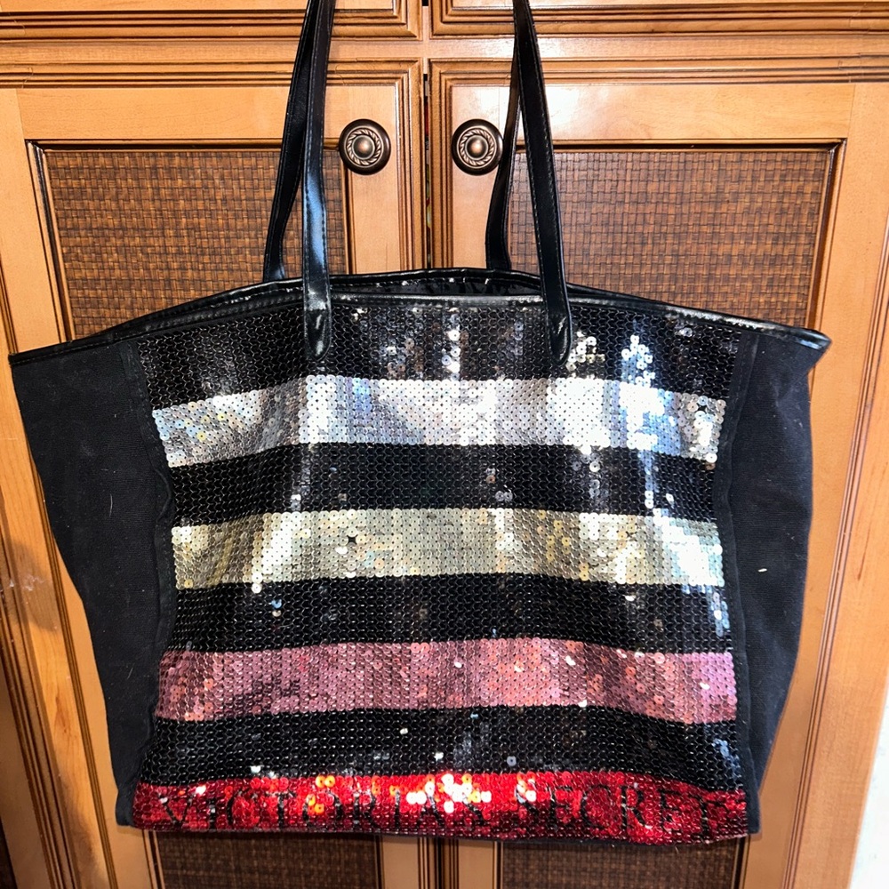 Victoria's Secret Black and Silver Travel Bag with Sequin Stripes